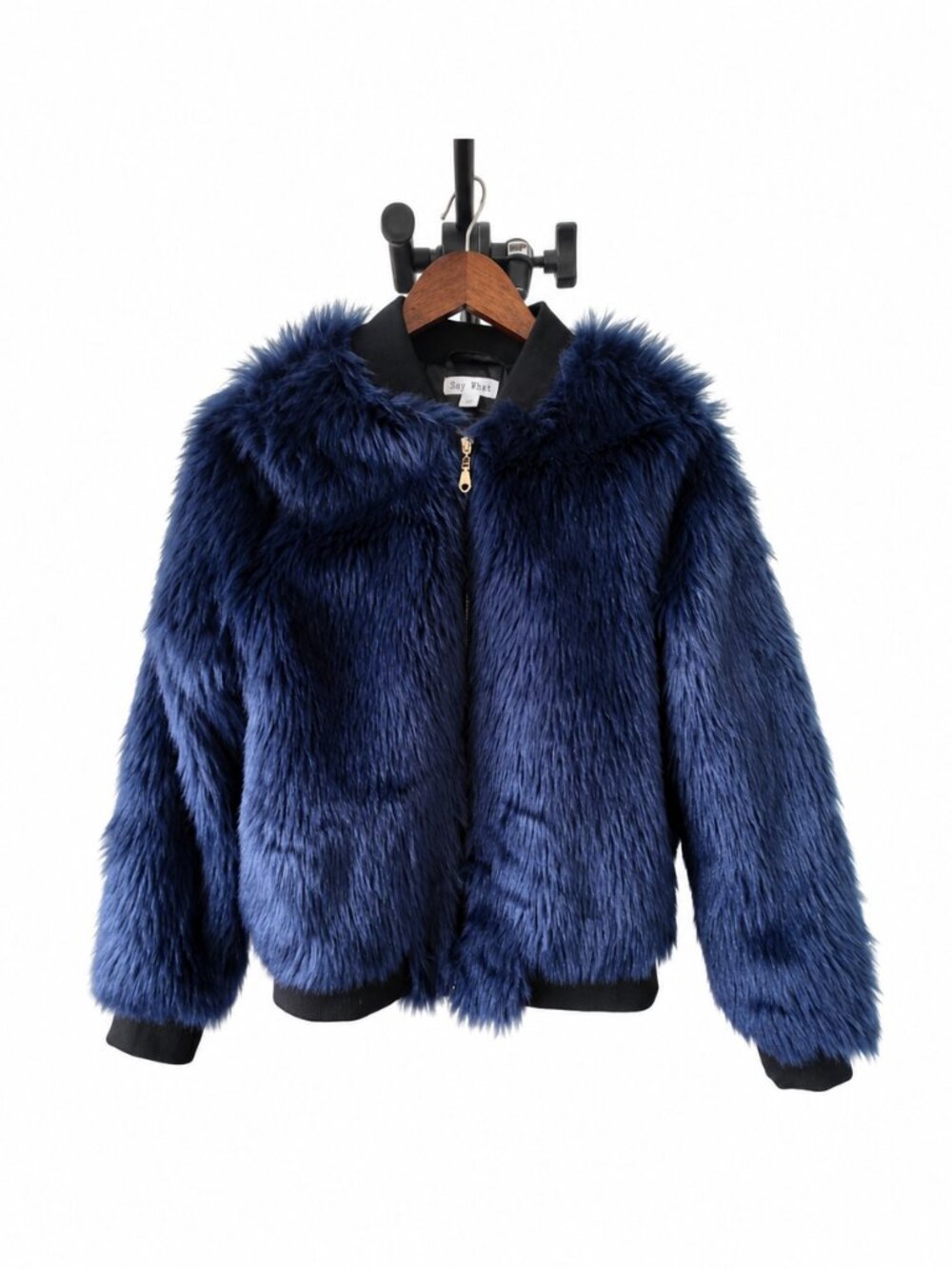Navy Blue Faux Fur Bomber Jacket Size Medium